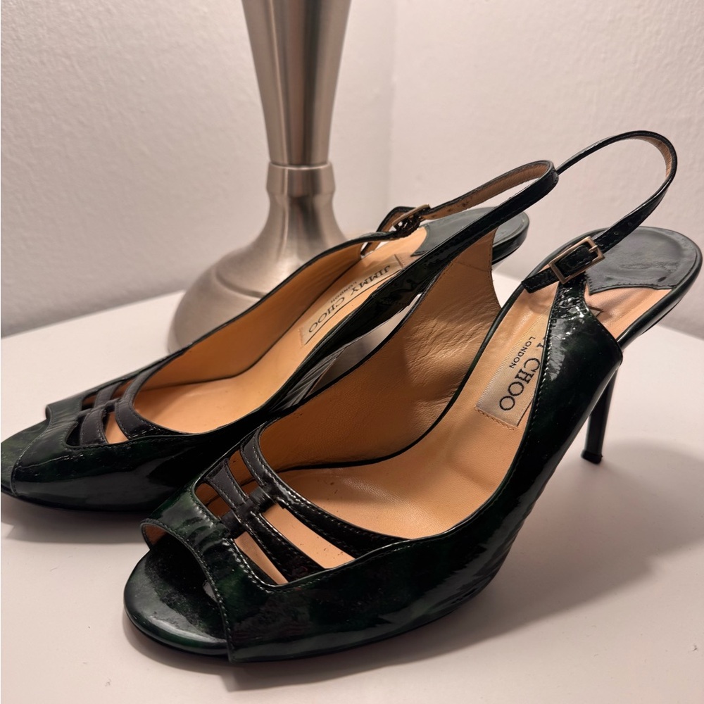 Jimmy Choo Black Patent Leather Peep-Toe Slingback Heels - 39 (Needs Heel Caps)